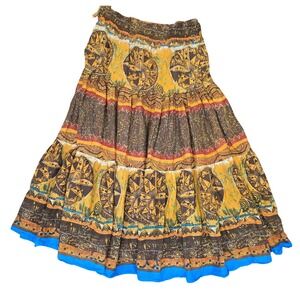 Andrew & Co Tiered Boho Maxi Skirt Orange Brown Southwestern Tribal Print Medium